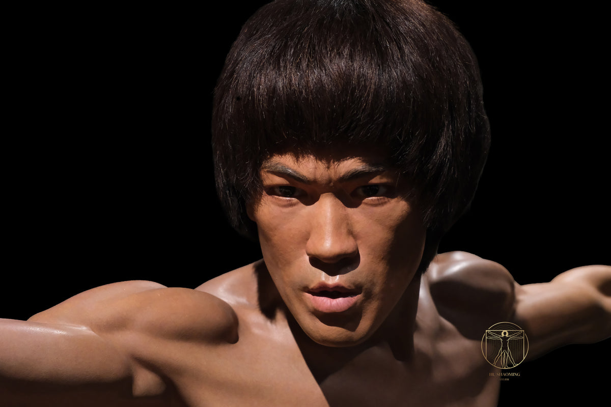 Hyperrealistic silicone sculpture head of Kung Fu legend Bruce Lee by Hu Shaoming