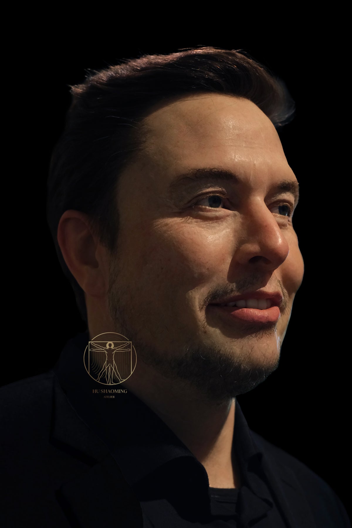 High-detail silicone statue of Elon Musk showing realistic facial features and gaze