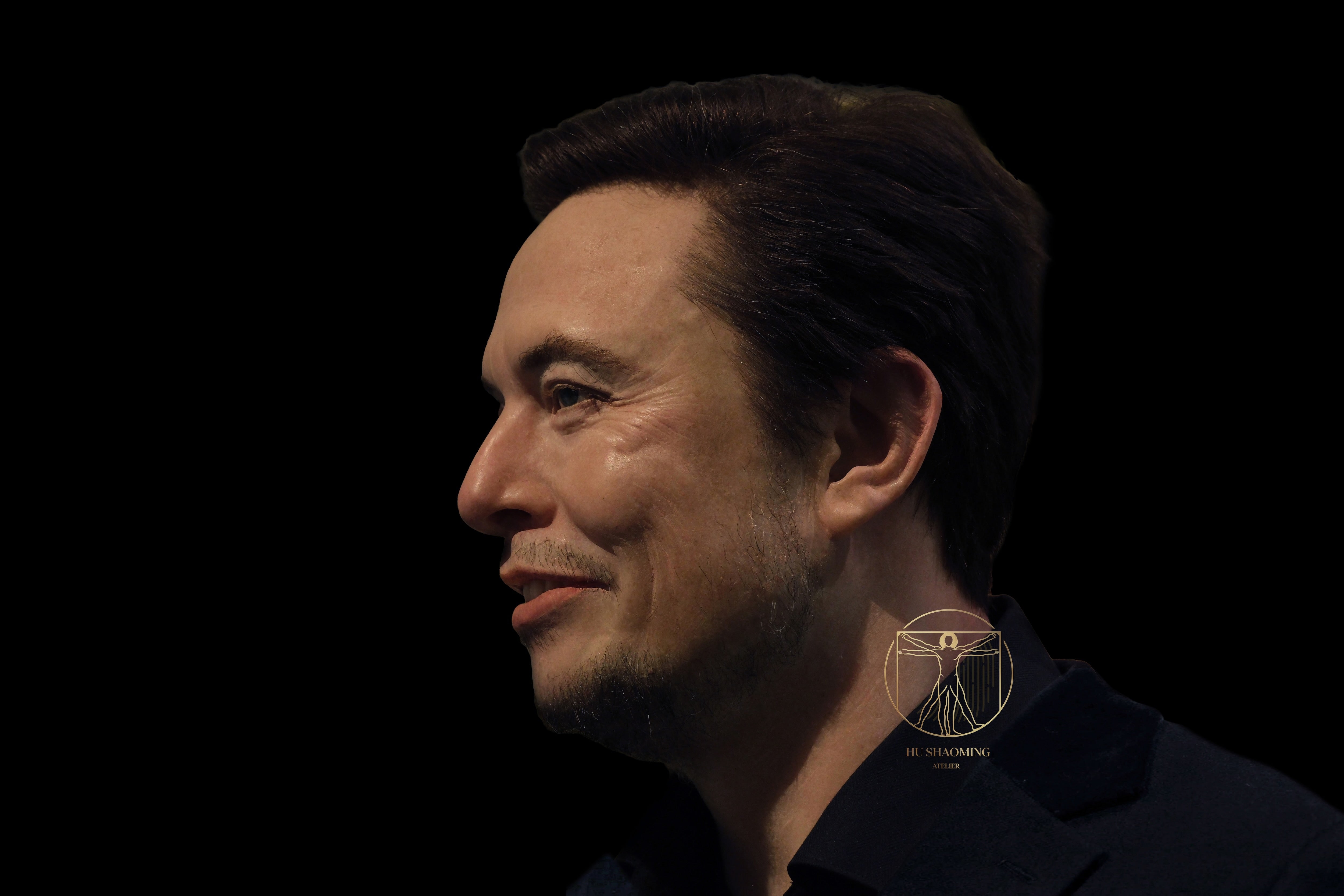 Life-size Elon Musk hyperrealistic silicone sculpture profile view by Hu Shaoming
