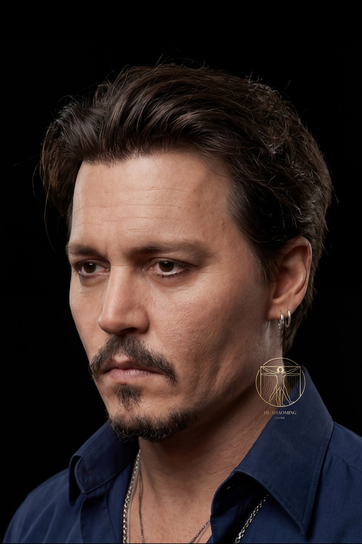 3/4 side view of Johnny Depp hyperrealistic sculpture showcasing facial contour and earrings