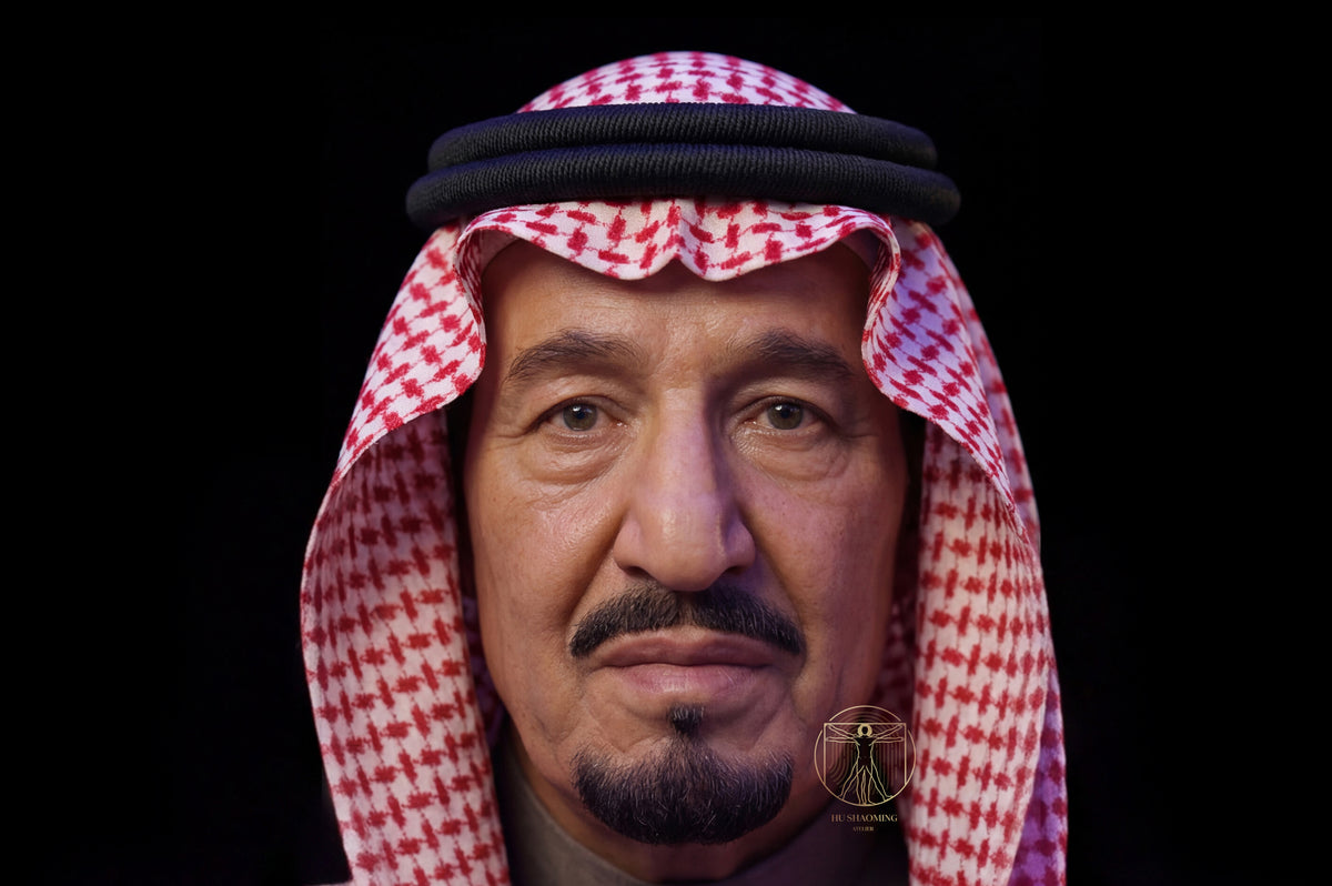 Hyperrealistic silicone sculpture portrait of King Abdulaziz, founder of Saudi Arabia, by Hu Shaoming