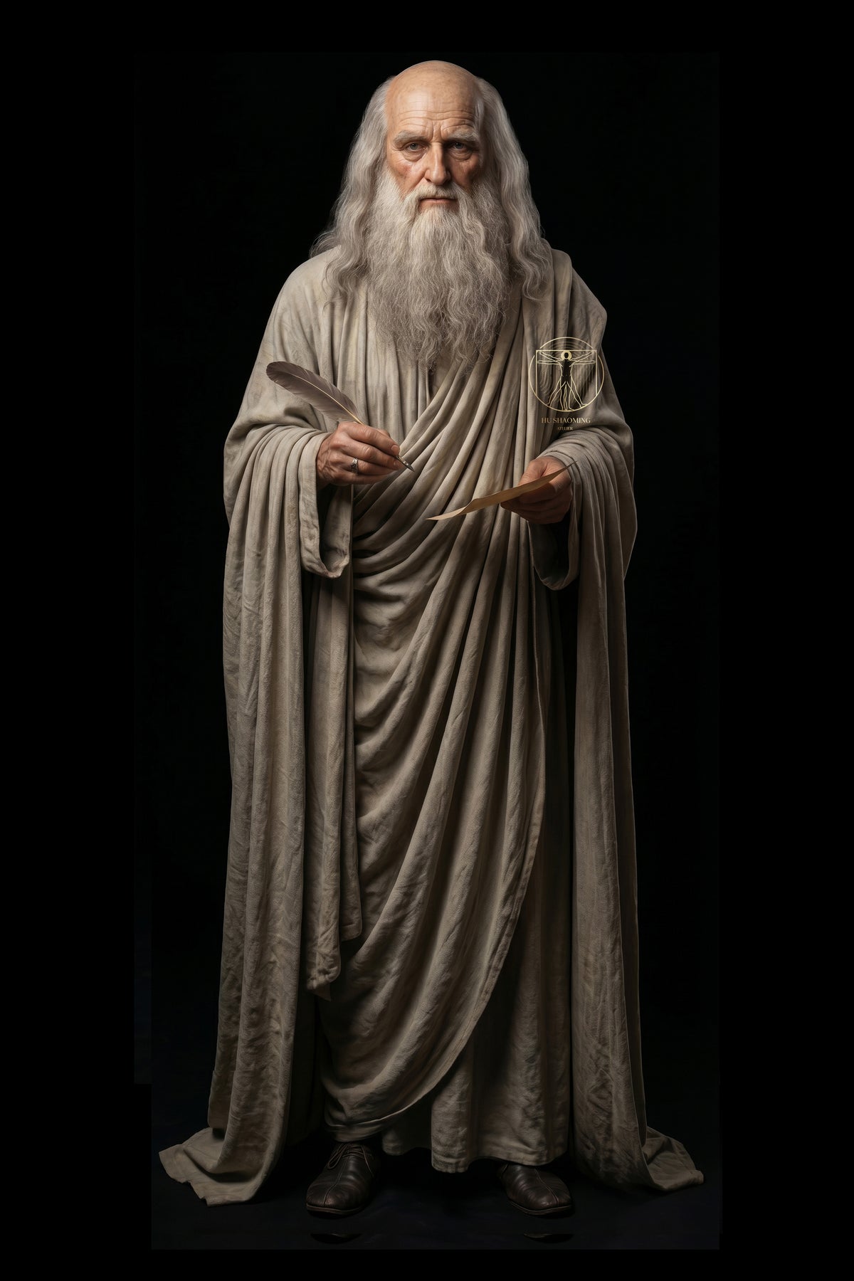 Full body life-size Leonardo da Vinci custom wax-style statue in traditional robes holding a sketch