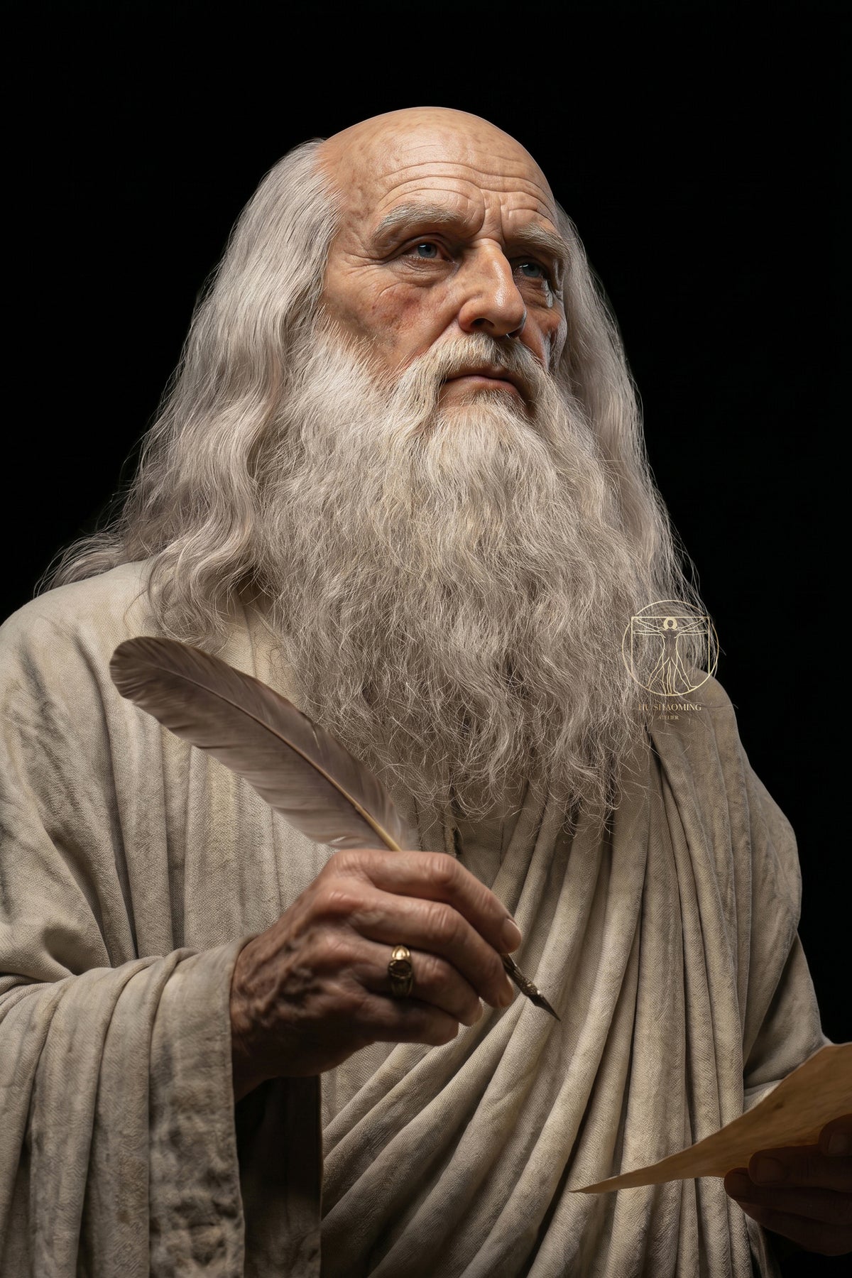 Lifelike silicone portrait of Renaissance master Leonardo da Vinci holding a quill and parchment by Hu Shaoming