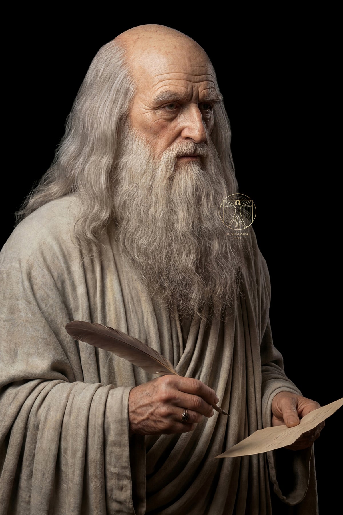 Macro view of Leonardo da Vinci silicone head sculpt featuring manual hair implantation and aged skin texture