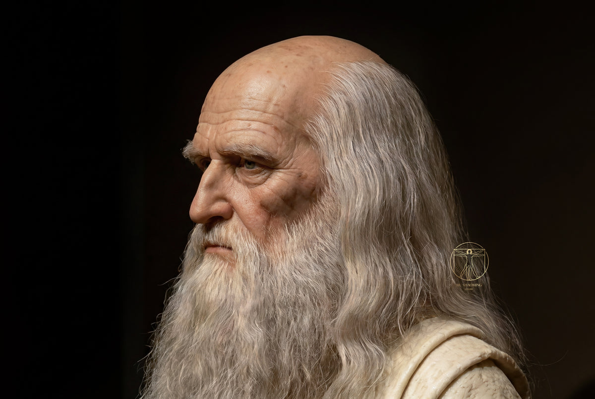 Hyperrealistic side profile of Leonardo da Vinci silicone sculpture by Hu Shaoming showing realistic skin and beard