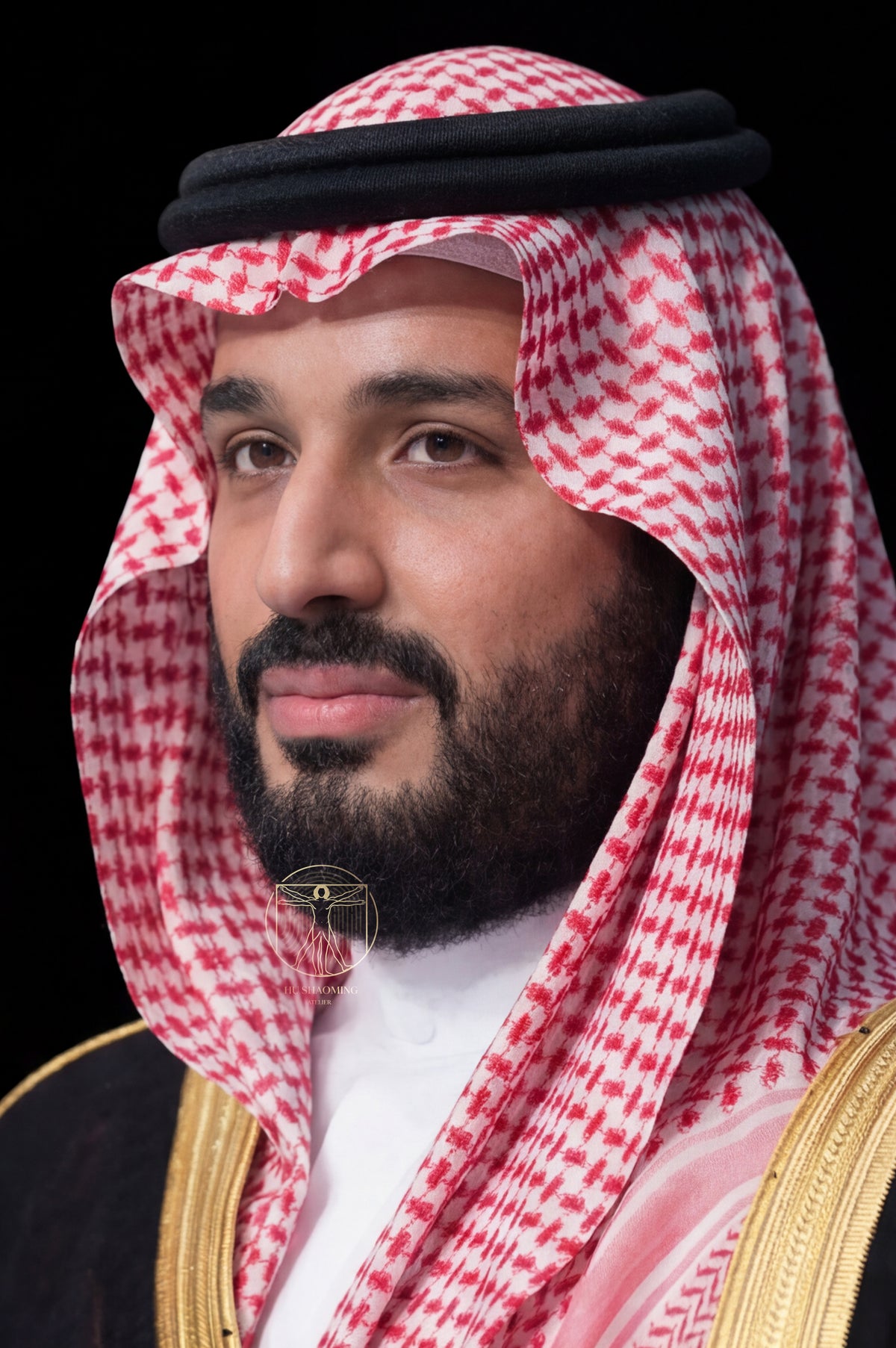 Detailed 3/4 view of Muhammad bin Salman custom wax-style figure with traditional Saudi headwear