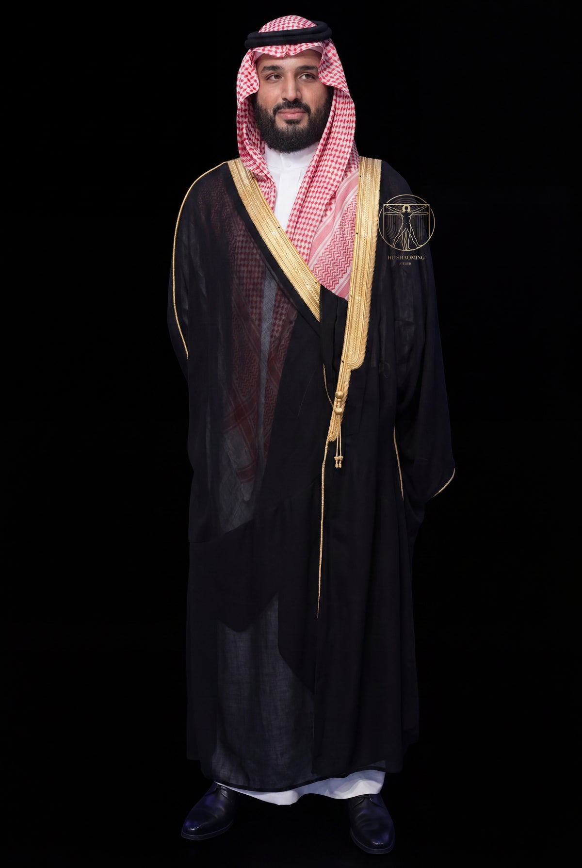 Full body life-size statue of Muhammad bin Salman (MBS) in traditional black Bisht with gold trim