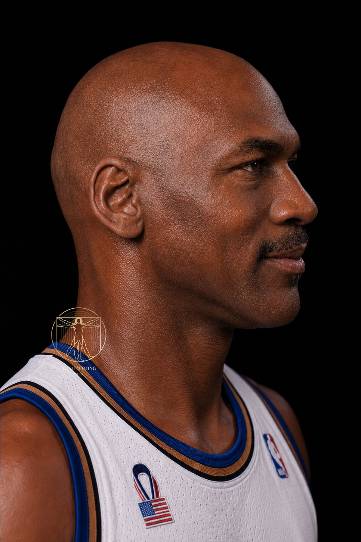 Close-up of Michael Jordan lifelike head sculpt illustrating pore-level skin realism