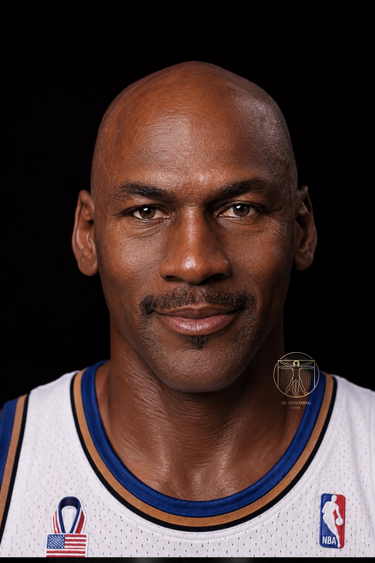 Hyperrealistic face sculpture of NBA legend Michael Jordan with detailed skin texture by Hu Shaoming