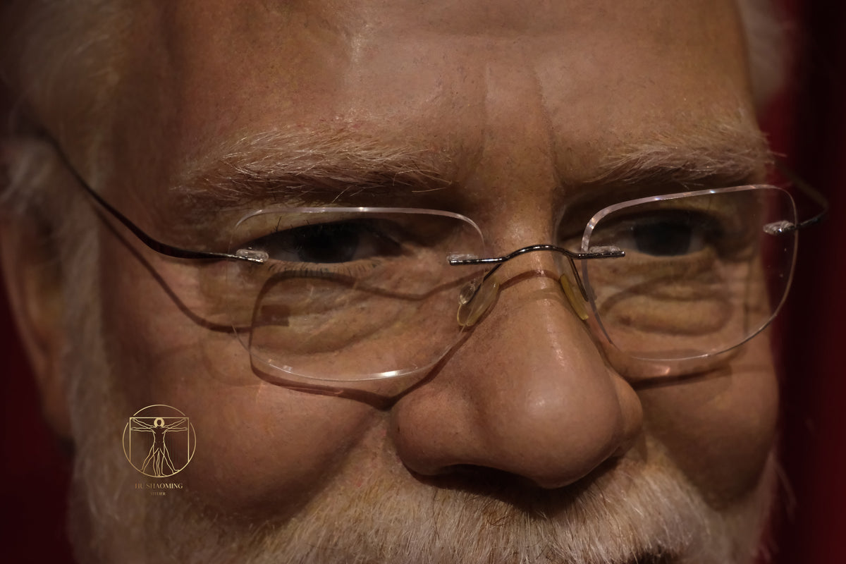 Macro view of realistic eyes and custom glasses on Narendra Modi silicone figure