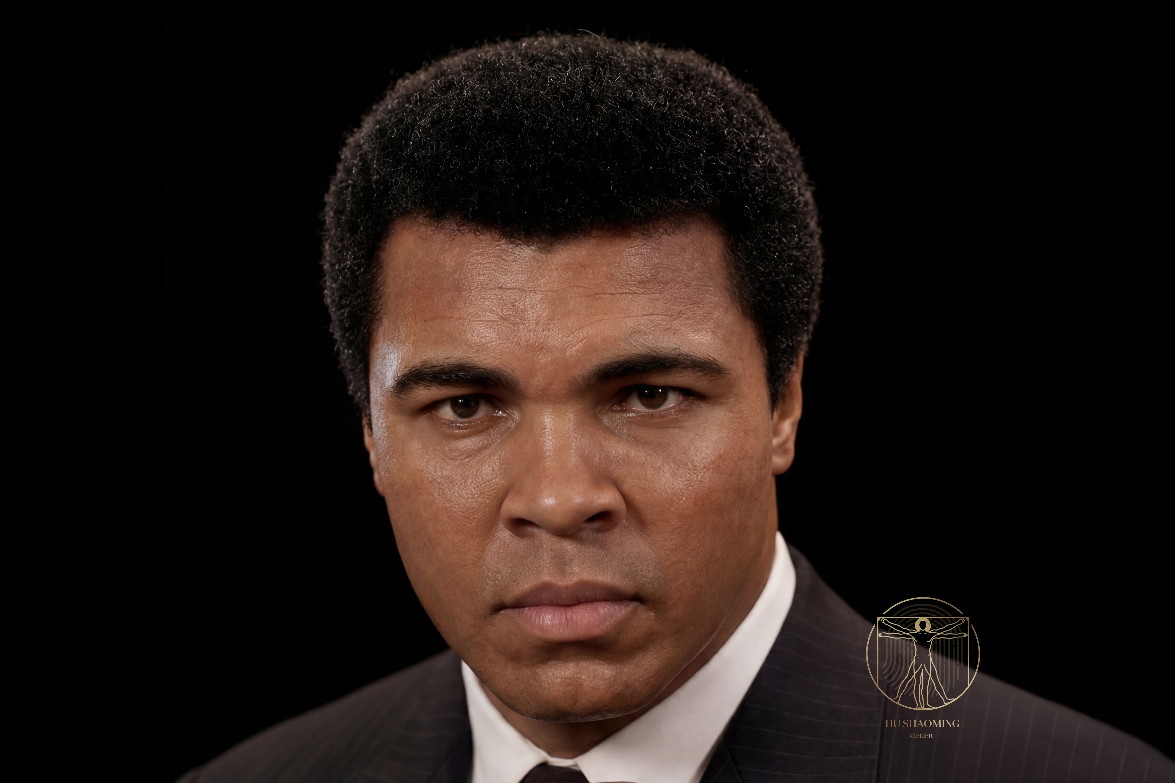 Hyperrealistic face sculpture of boxing legend Muhammad Ali with detailed skin texture by Hu Shaoming
