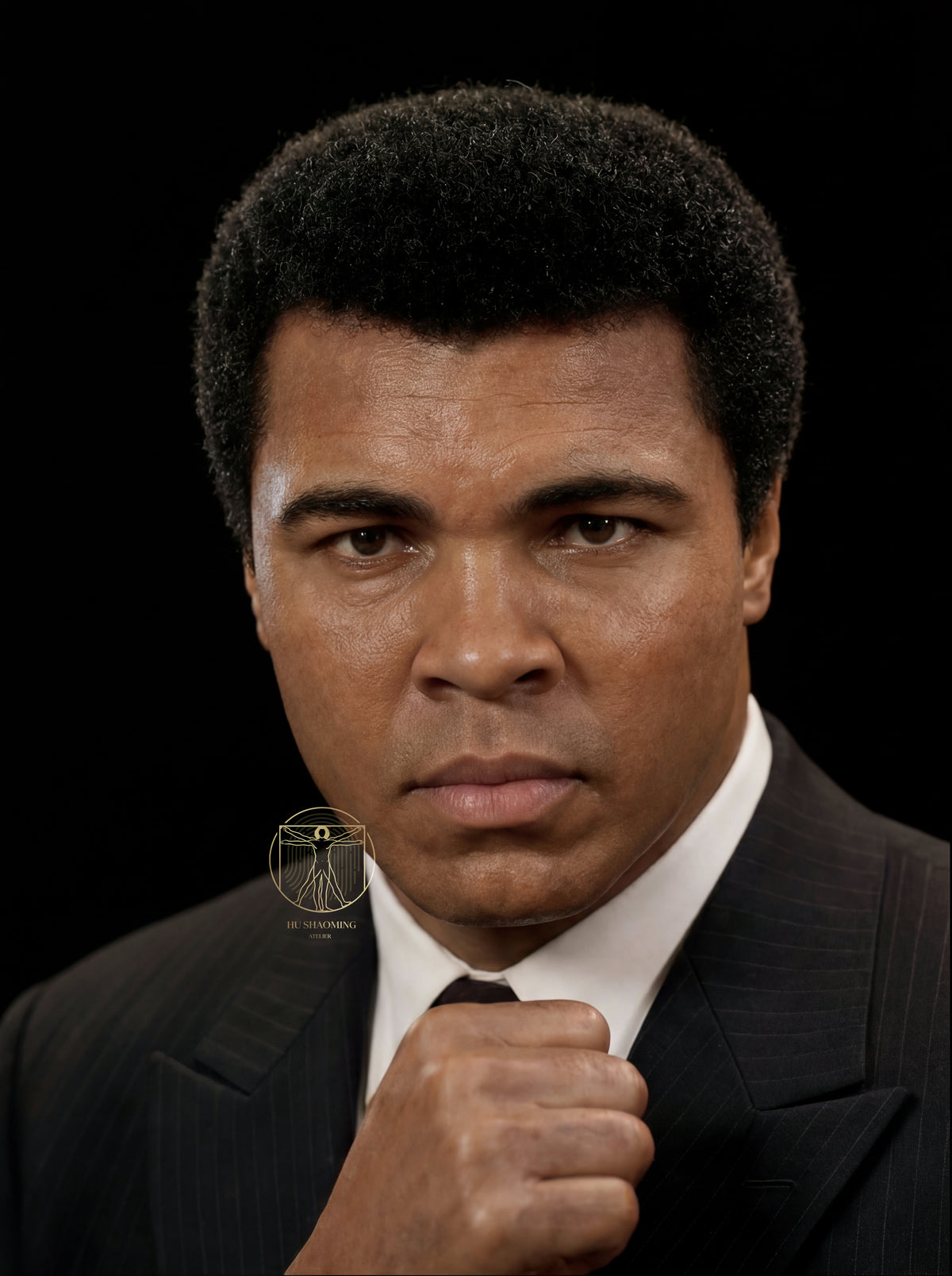 Lifelike silicone portrait of Muhammad Ali in his iconic boxing fist pose by Hu Shaoming