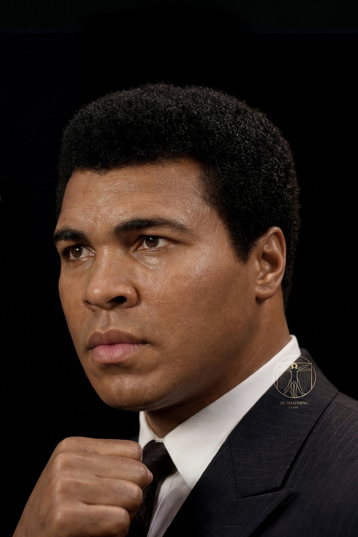 Hyperrealistic side view of Muhammad Ali face sculpture illustrating museum-grade realism