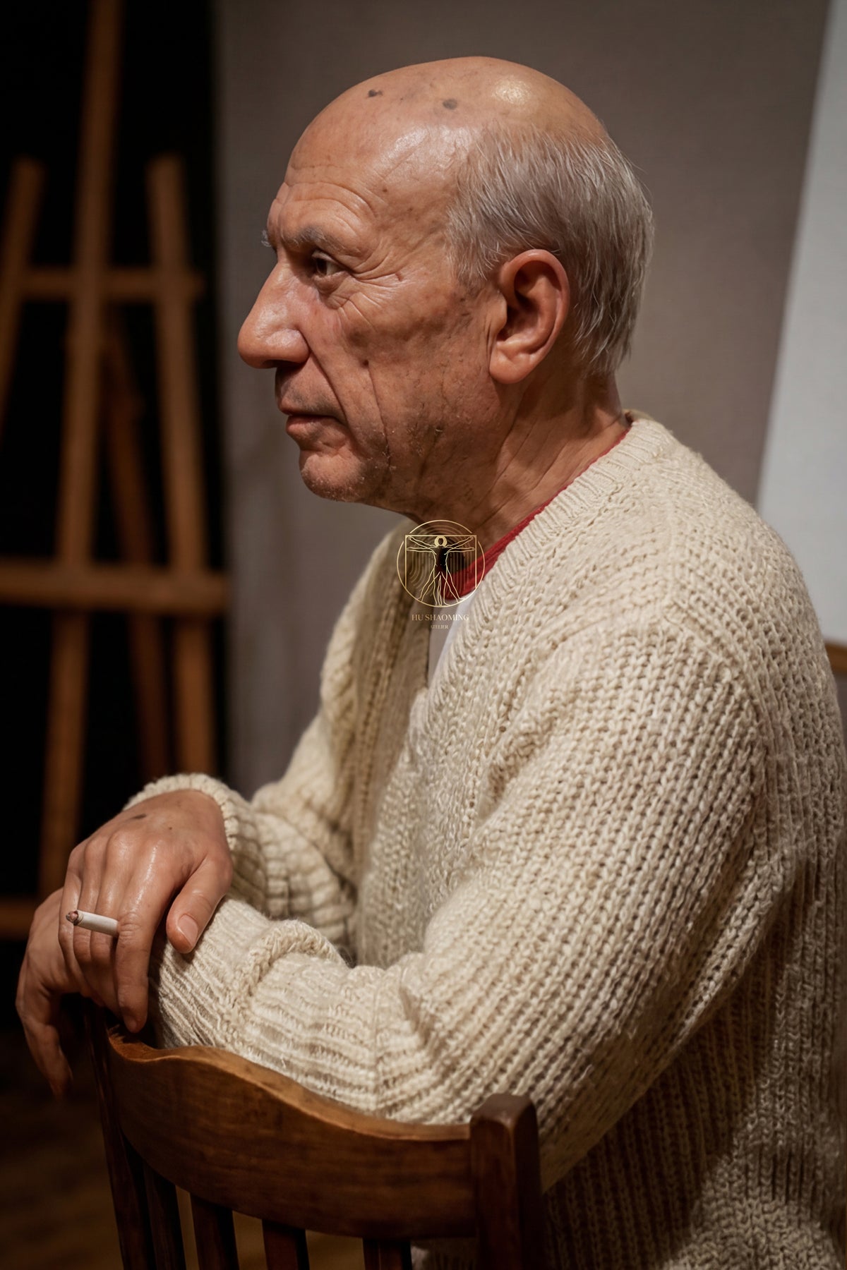 Detailed profile view of Pablo Picasso custom wax-style figure in an art gallery setting