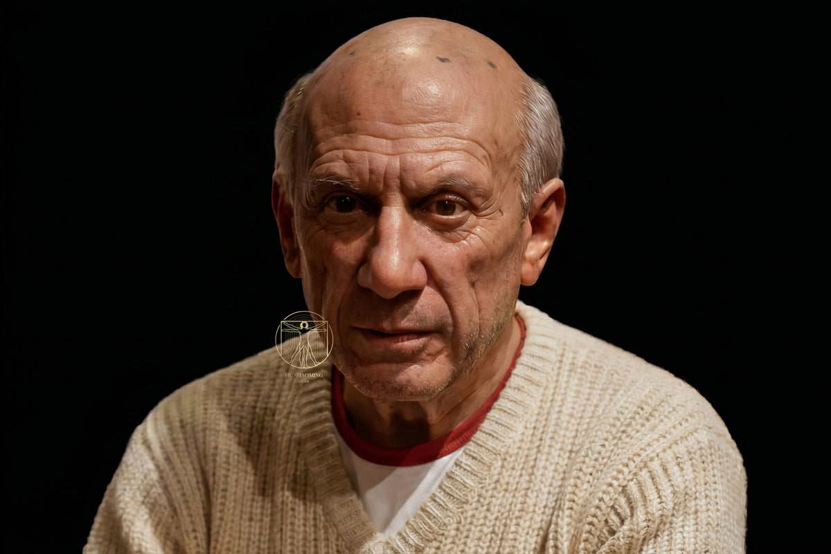 Hyperrealistic face sculpture of Pablo Picasso illustrating aged skin and intense gaze by Hu Shaoming