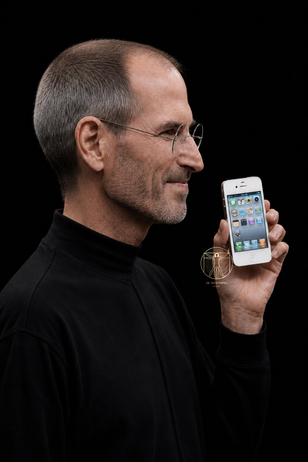 Detailed view of Steve Jobs silicone figure holding the original iPhone model