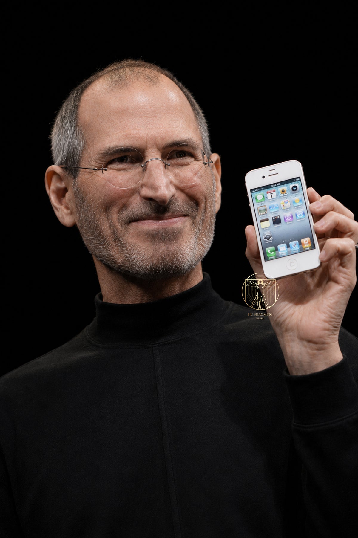 Side profile of Steve Jobs silicone bust sculpture looking at iPhone