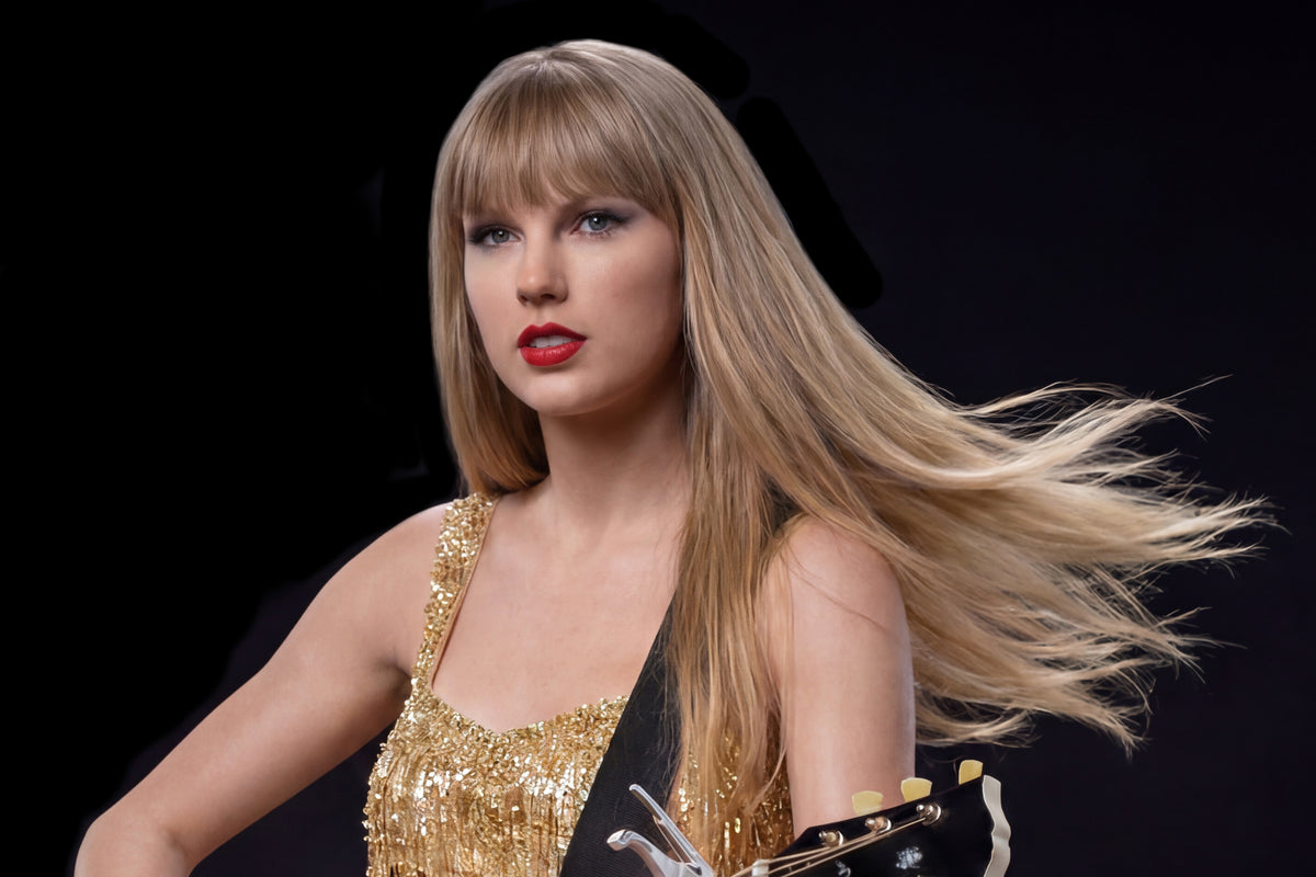 Hyperrealistic silicone sculpture of Taylor Swift with blowing blonde hair and red lips by Hu Shaoming