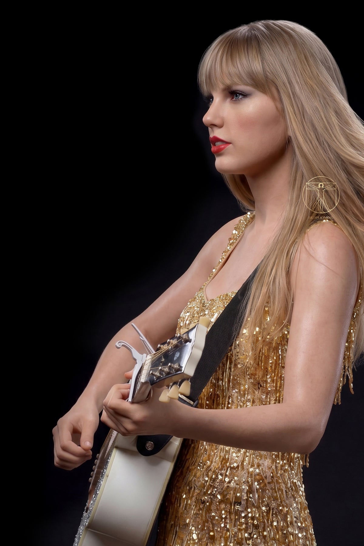 Lifelike silicone portrait of Taylor Swift playing a silver glitter guitar showcasing realistic hand details