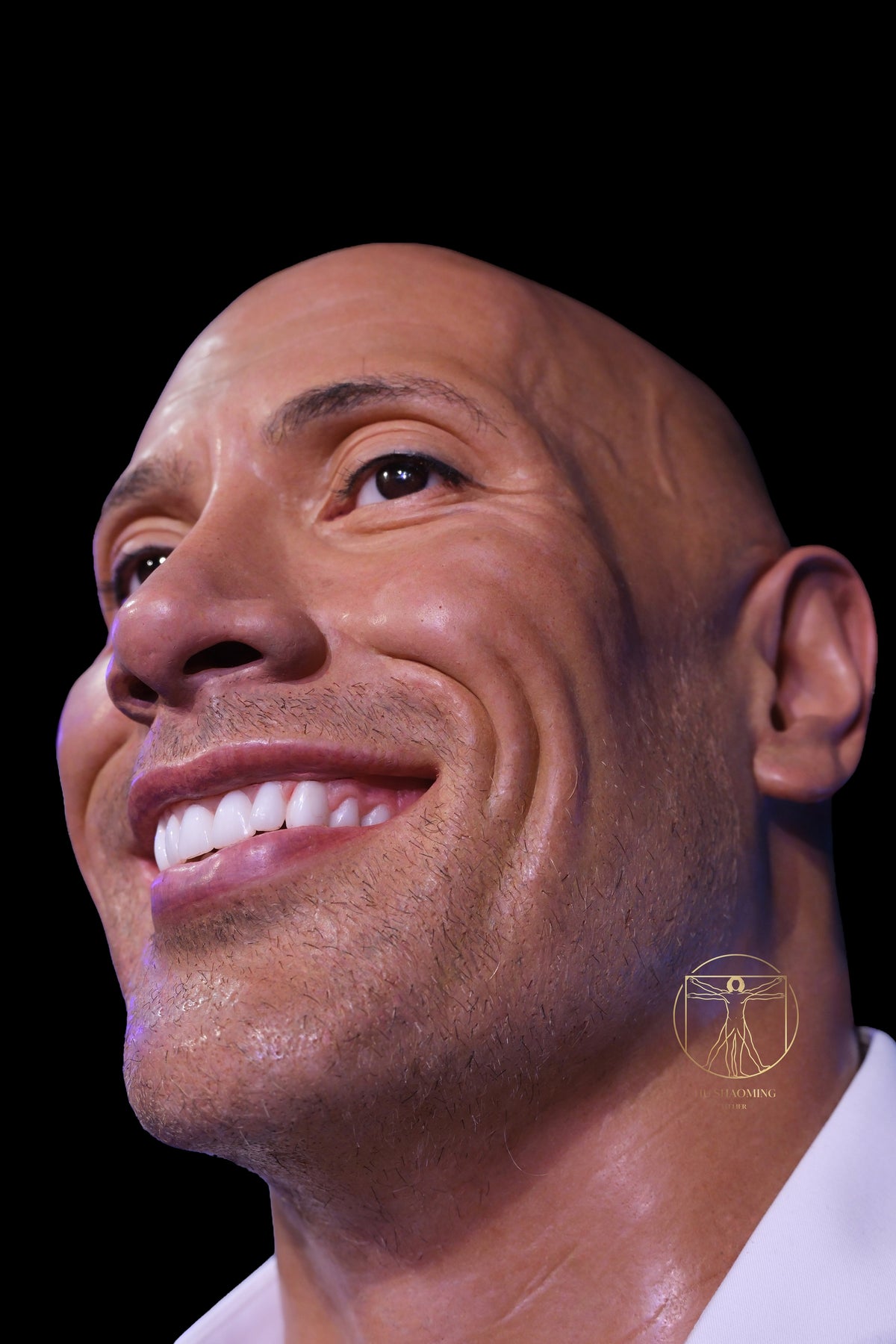 Low angle view of Dwayne Johnson custom silicone bust sculpture for museum exhibition