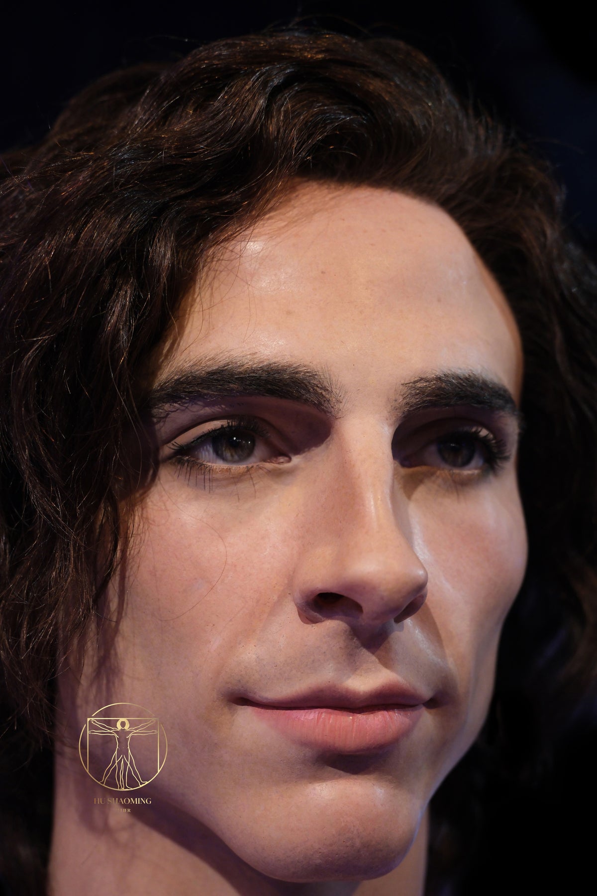 Extreme close-up of Timothée Chalamet silicone face highlighting realistic eyes and eyelashes