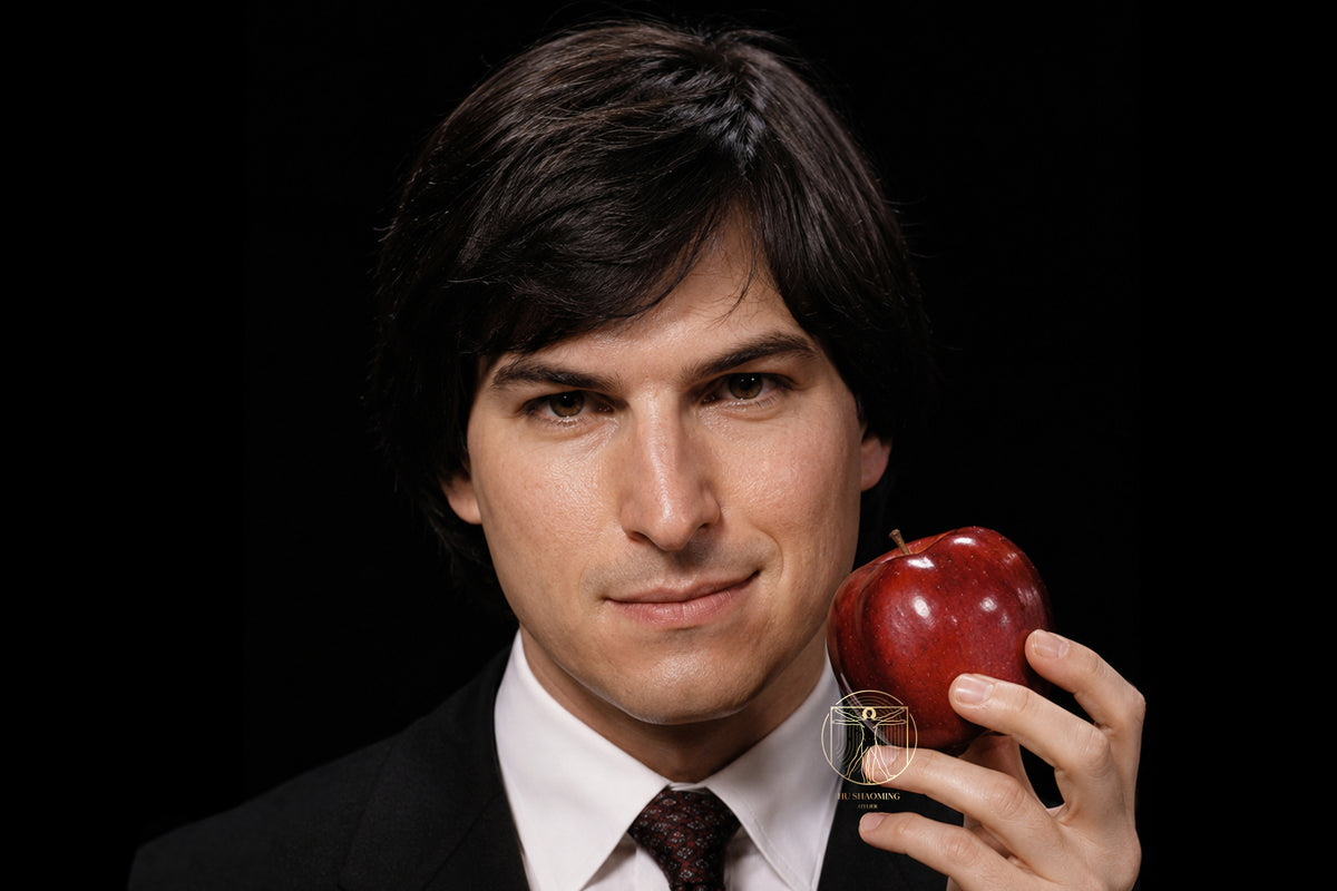 Lifelike face sculpture of young Steve Jobs featuring realistic skin texture and dark hair