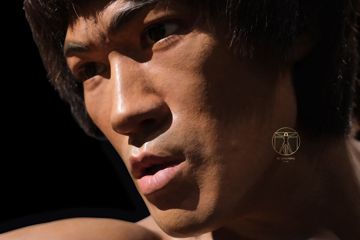 Extreme macro view of realistic skin texture and sweat details on Bruce Lee statue