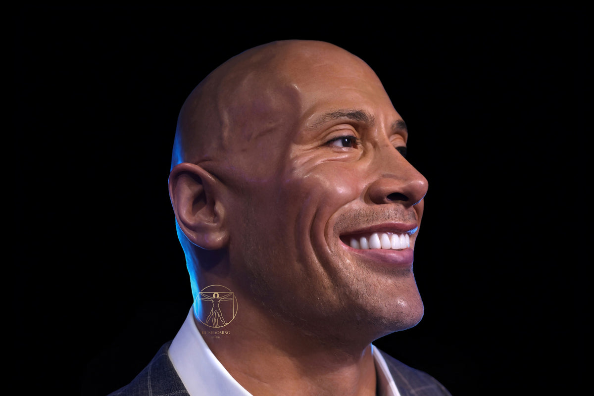 Right side profile view of Dwayne Johnson silicone sculpture with realistic veins and skin
