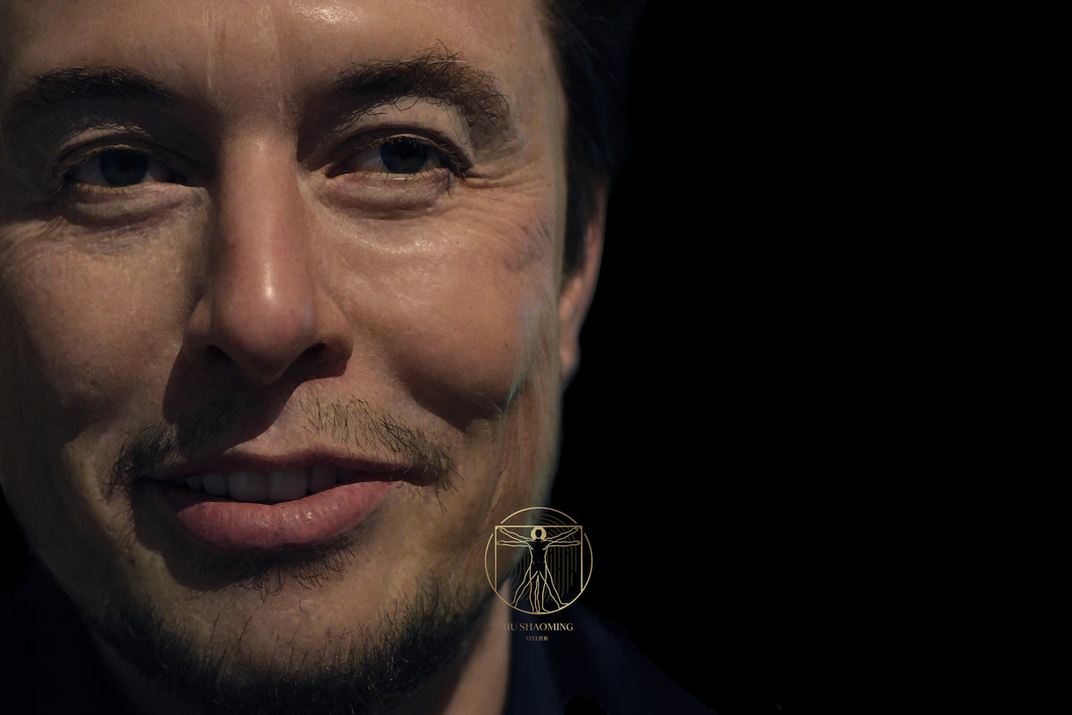 Macro view of realistic skin pores and hand-painted capillaries on Elon Musk figure
