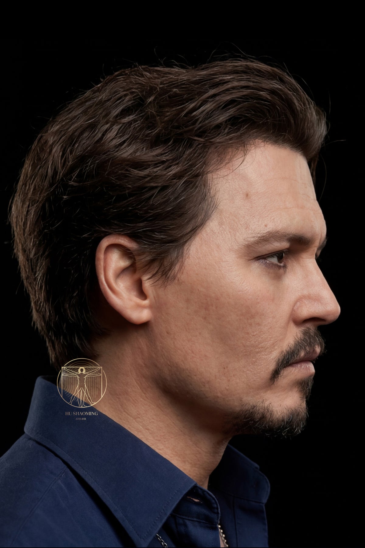 Hyperrealistic side profile of Johnny Depp face sculpture illustrating manual hair work