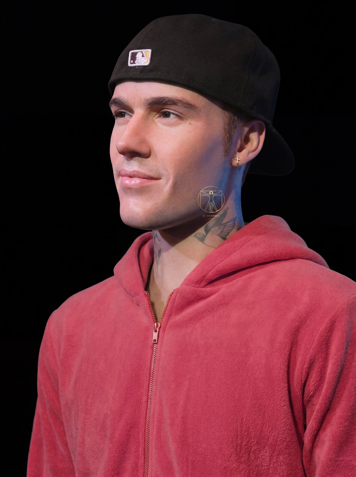 Detailed view of Justin Bieber realistic celebrity statue for museum display