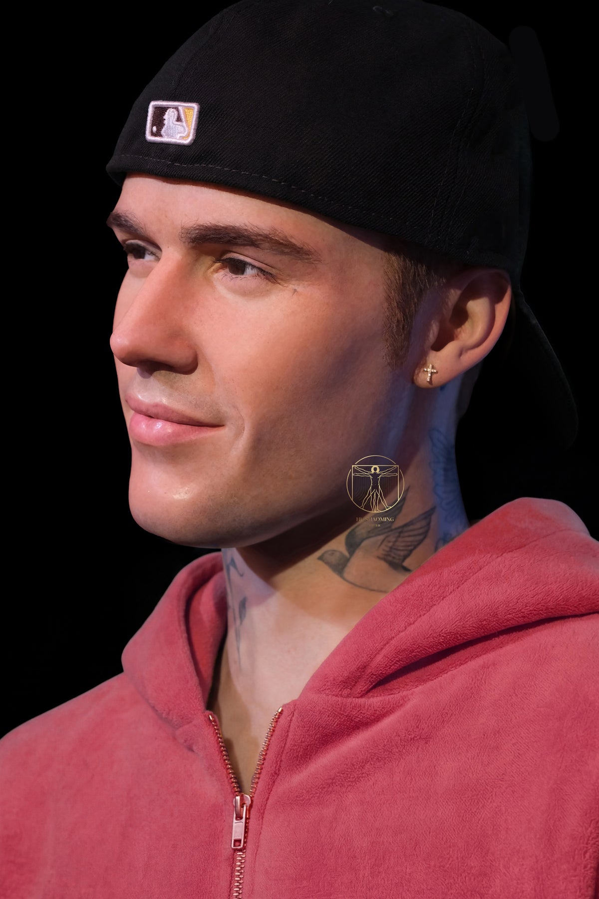 Custom lifelike silicone bust of pop star Justin Bieber featuring manual hair
