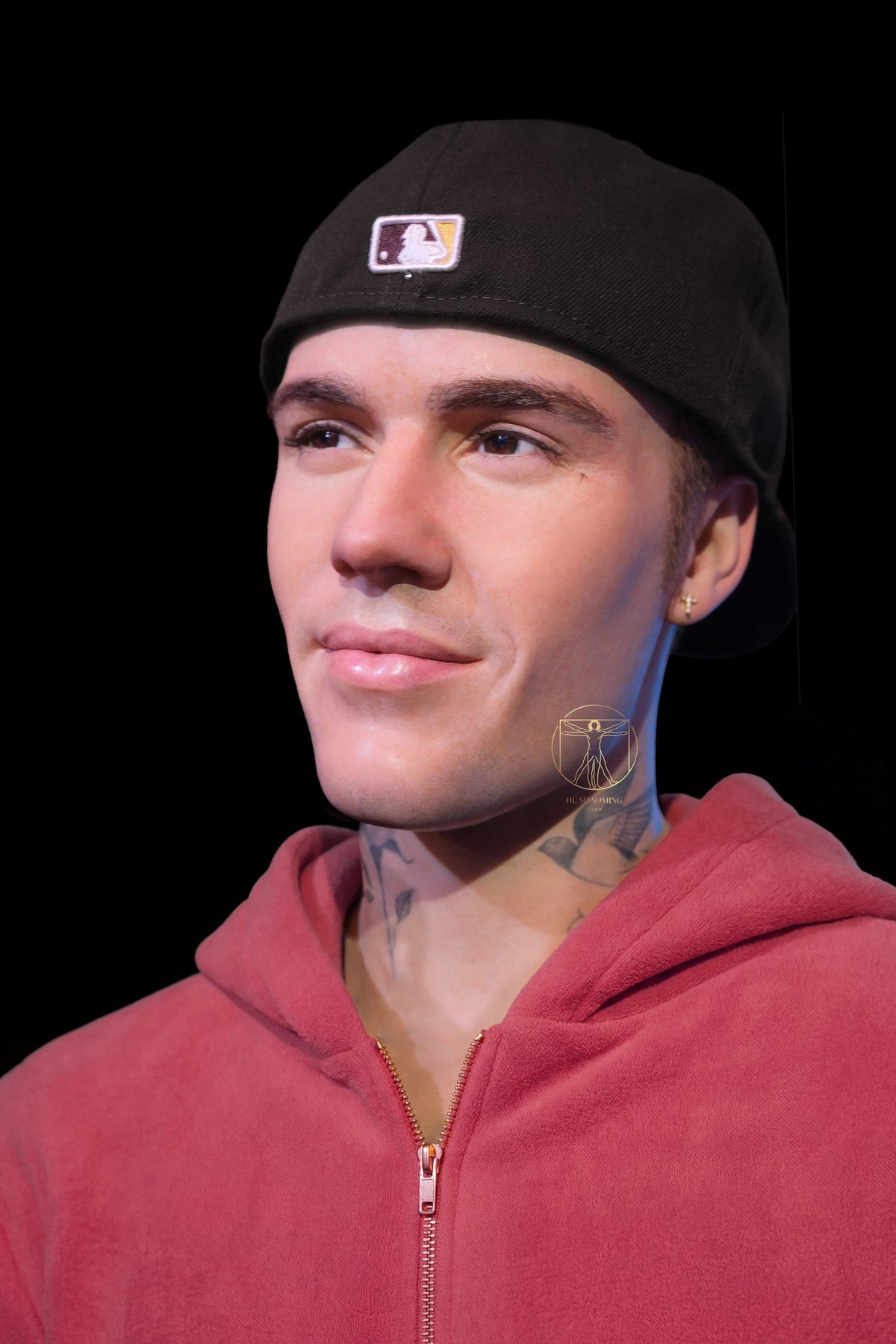 Lifelike silicone statue of Justin Bieber with realistic facial features and skin