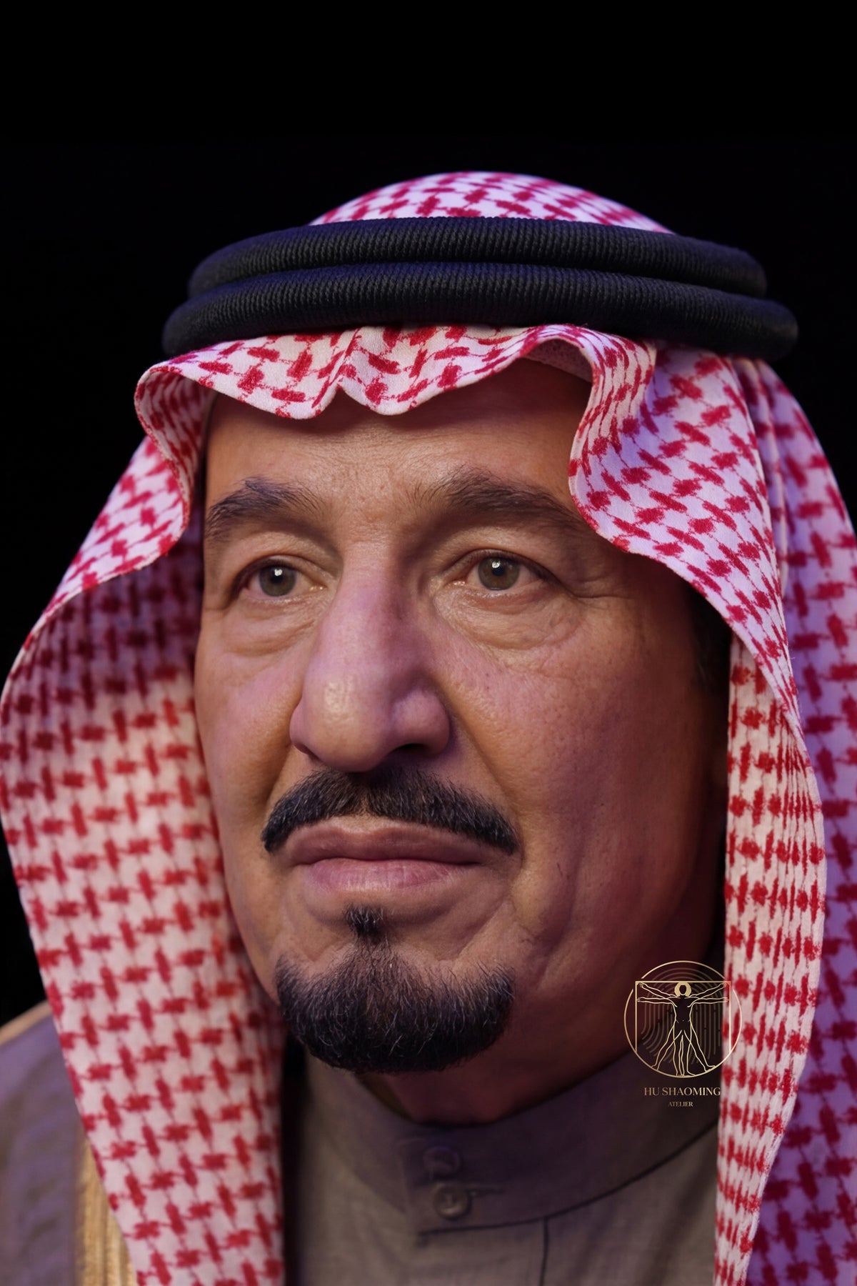 Detailed view of King Abdulaziz realistic silicone statue for Saudi institutional display