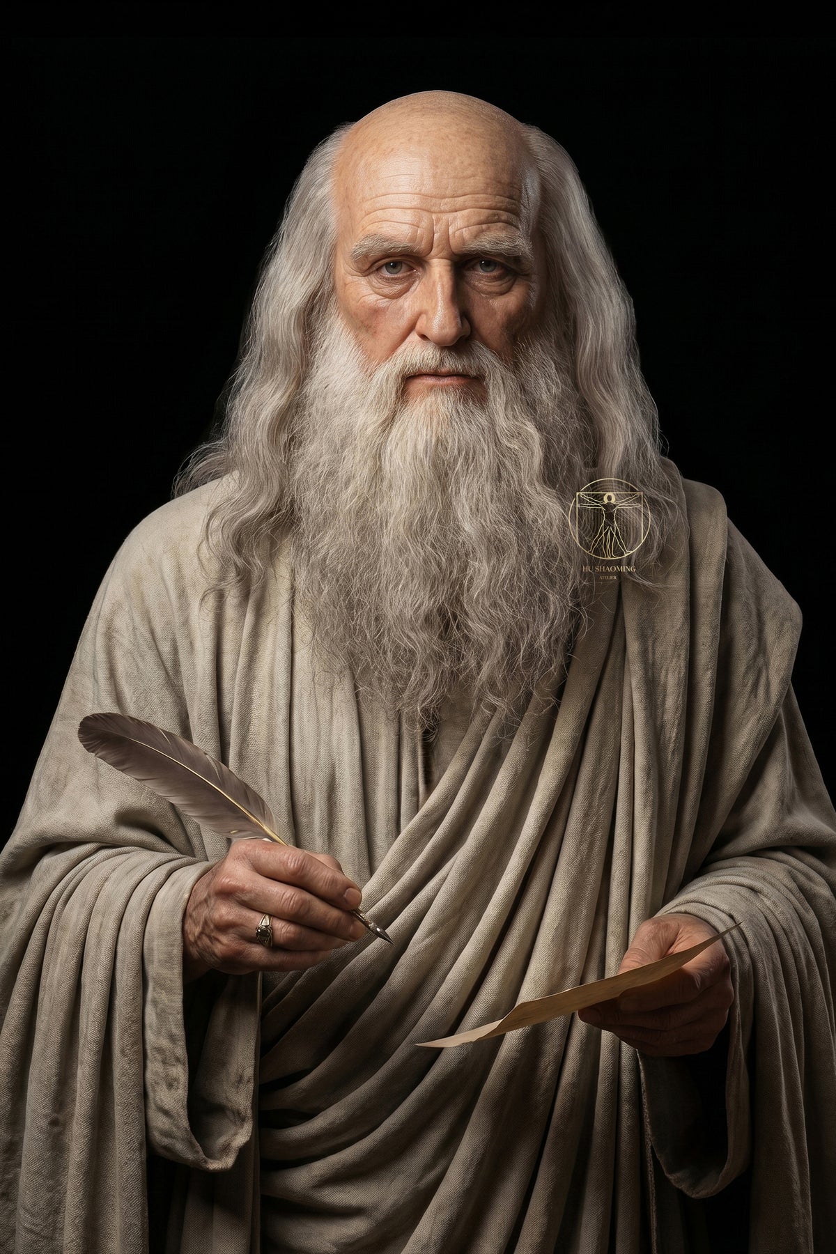 Frontal view of Leonardo da Vinci hyperrealistic sculpture illustrating intense gaze and hand-painted details