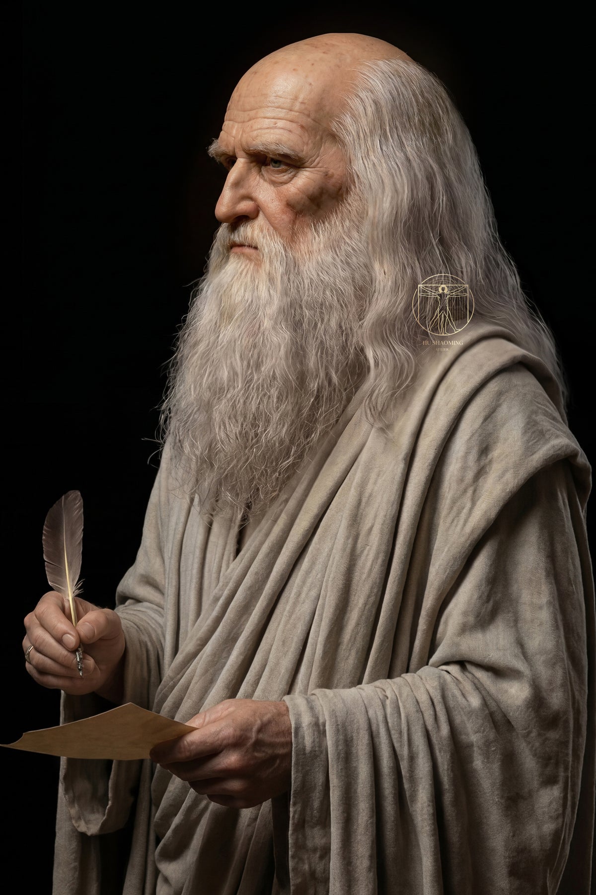 Detailed side view of Leonardo da Vinci silicone figure in a scholar pose looking at his notebooks