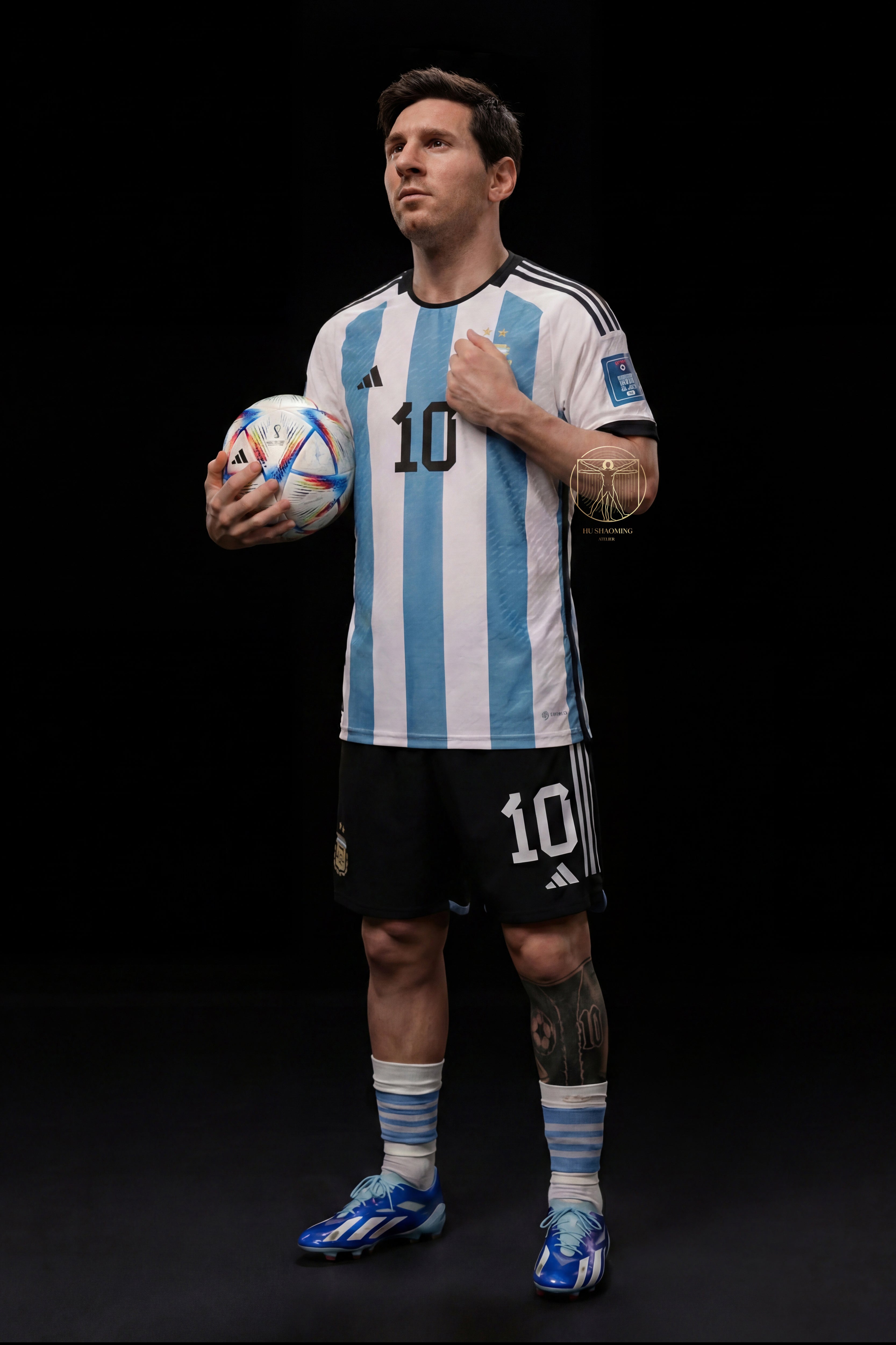 Full body life-size Lionel Messi custom wax-style statue in Argentina jersey #10 holding a football