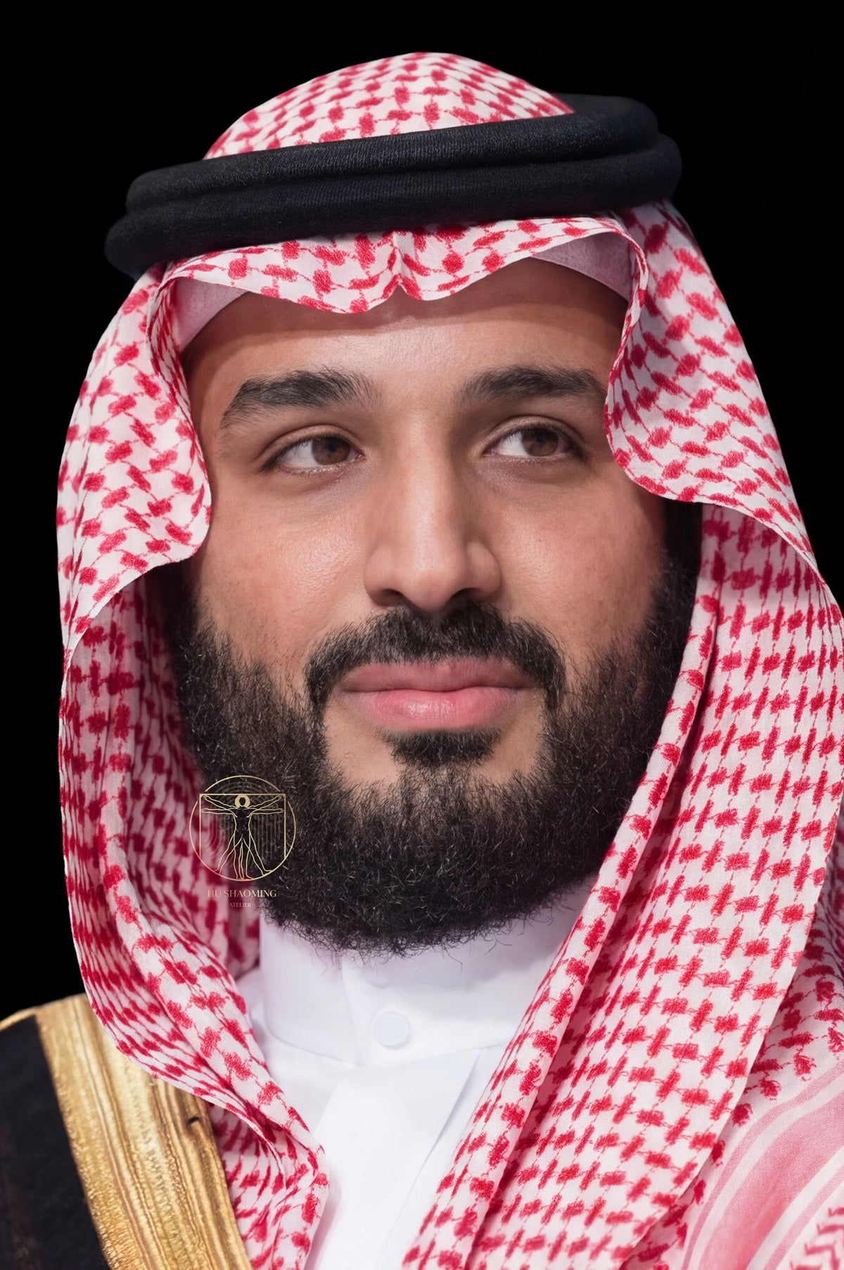 Lifelike silicone portrait of Muhammad bin Salman featuring realistic skin texture and beard details