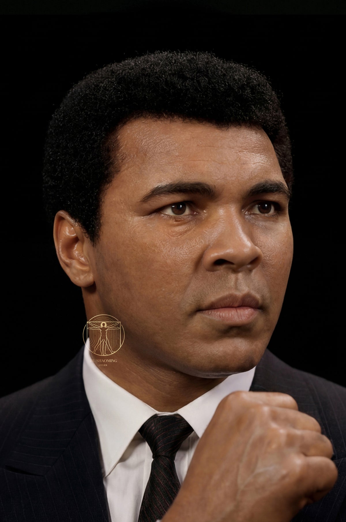 Detailed profile view of Muhammad Ali custom wax-style figure illustrating hand-punched hair