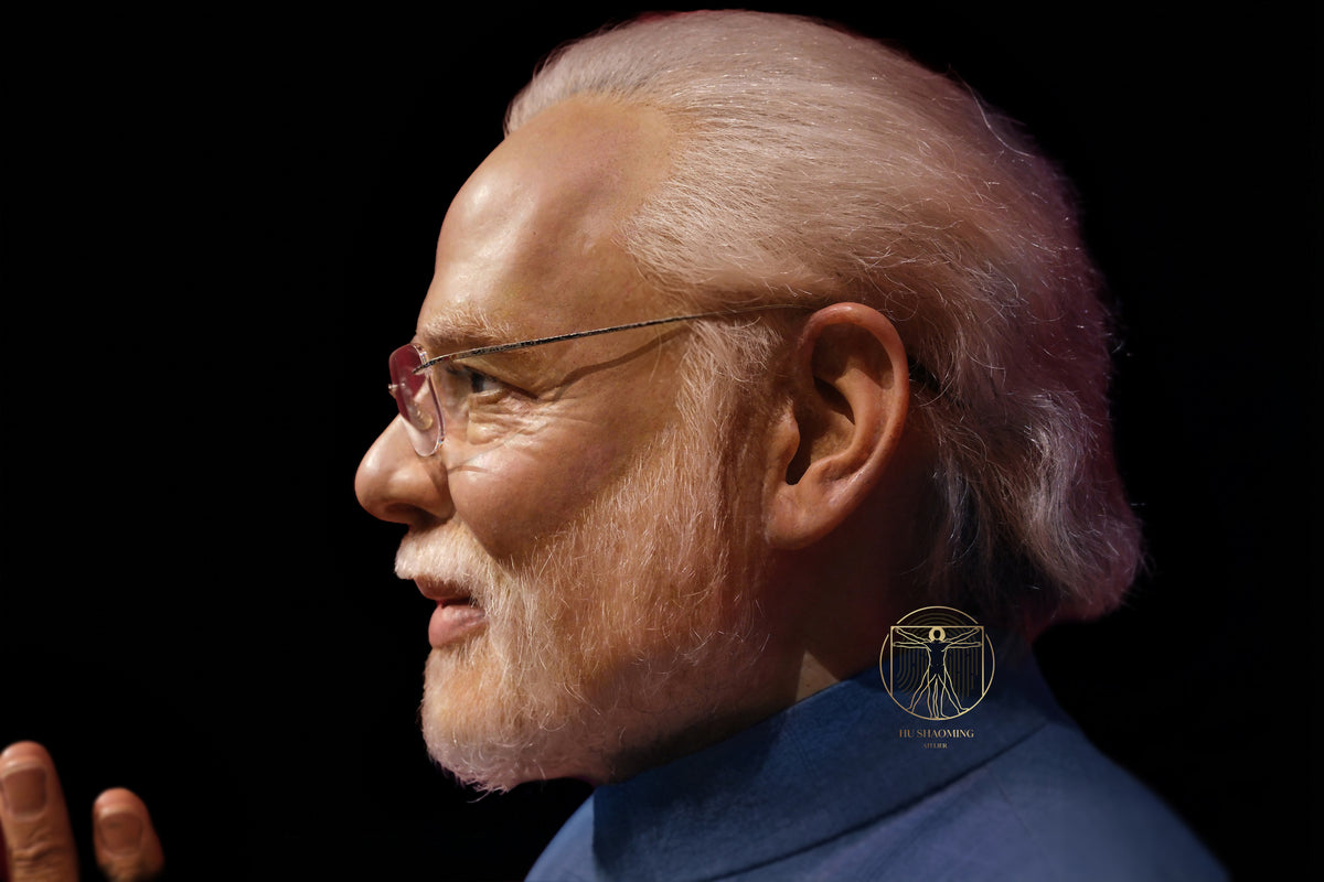 Detailed profile view of Narendra Modi silicone bust showing realistic skin texture