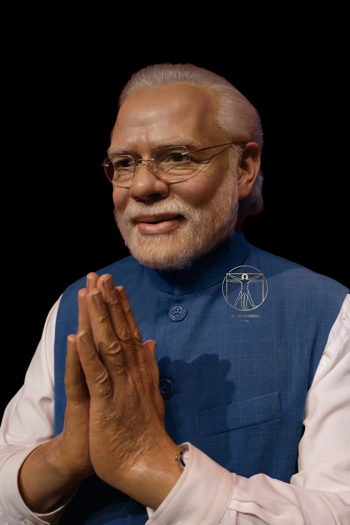 High-detail realistic art sculpture portrait of PM Modi with authentic glasses and hair
