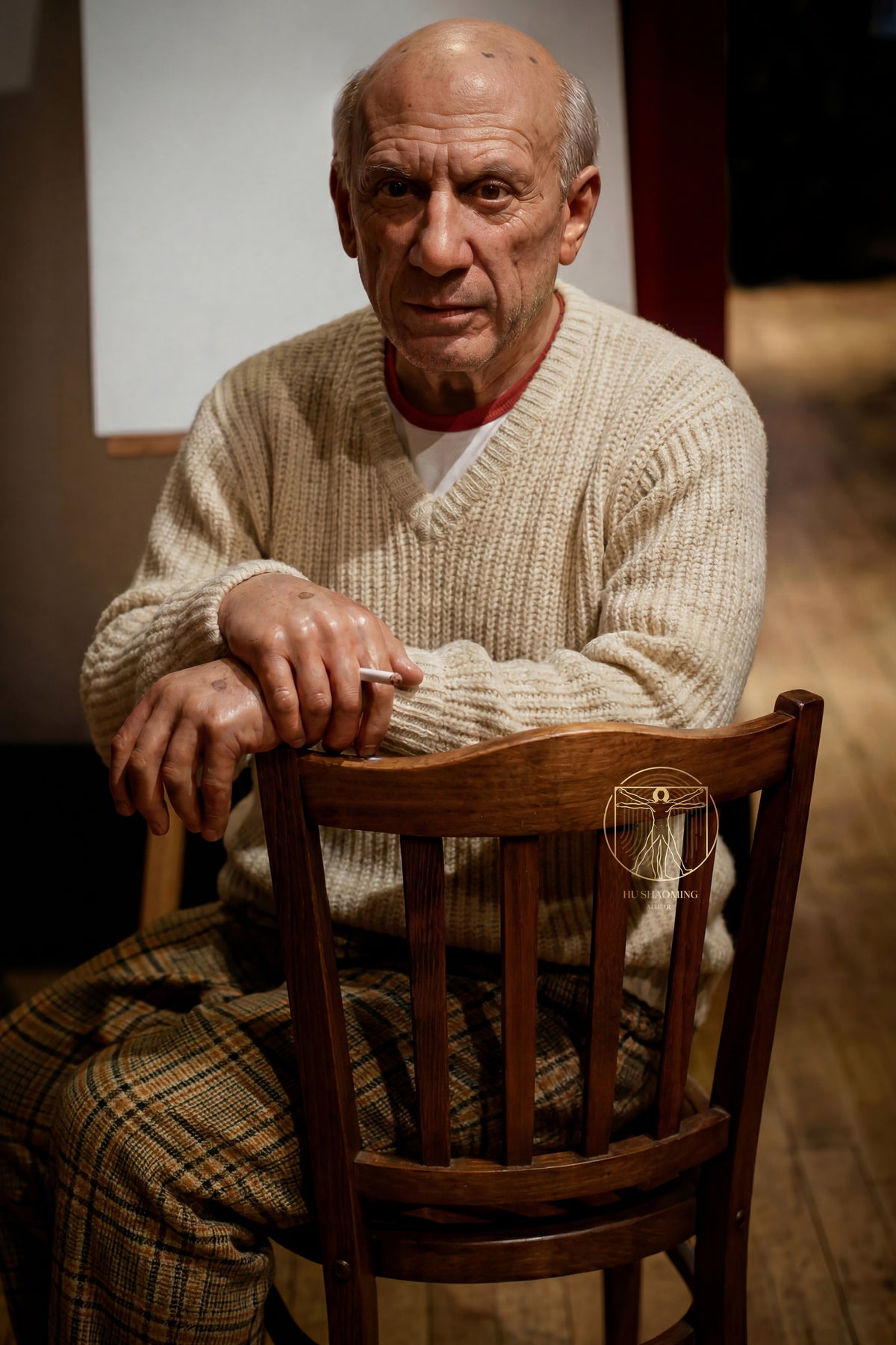 Lifelike silicone figure of Pablo Picasso in a knitted sweater and plaid pants by Hu Shaoming