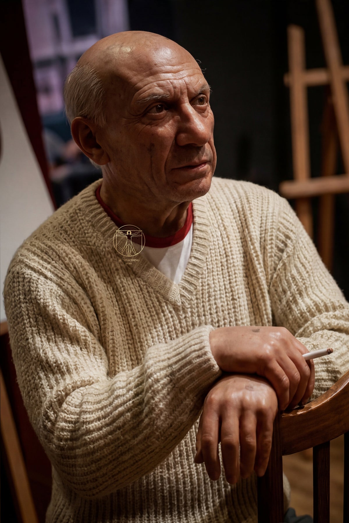 3/4 view of Pablo Picasso realistic statue showcasing hand-painted skin and manual hair details