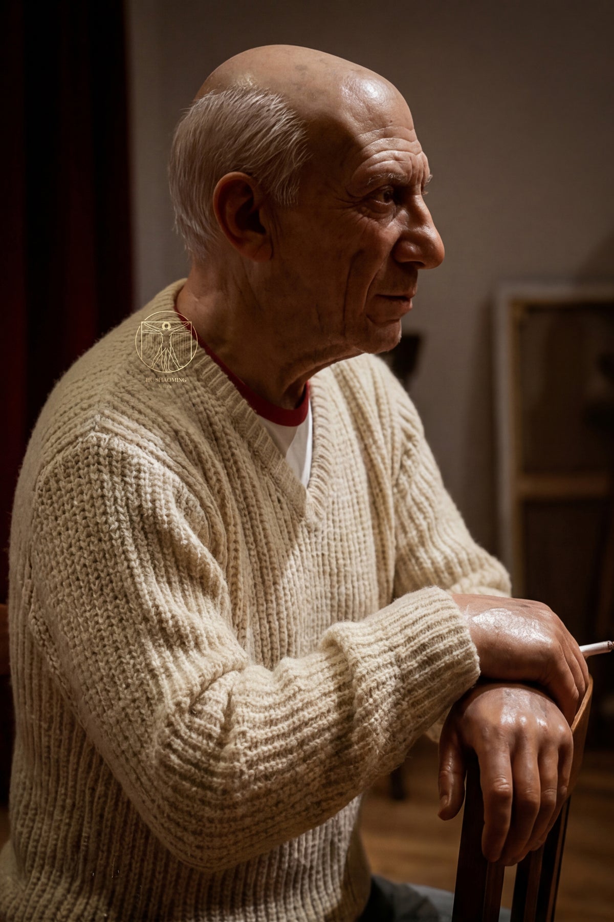 Hyperrealistic side profile of Pablo Picasso silicone sculpture illustrating realistic anatomy and posture