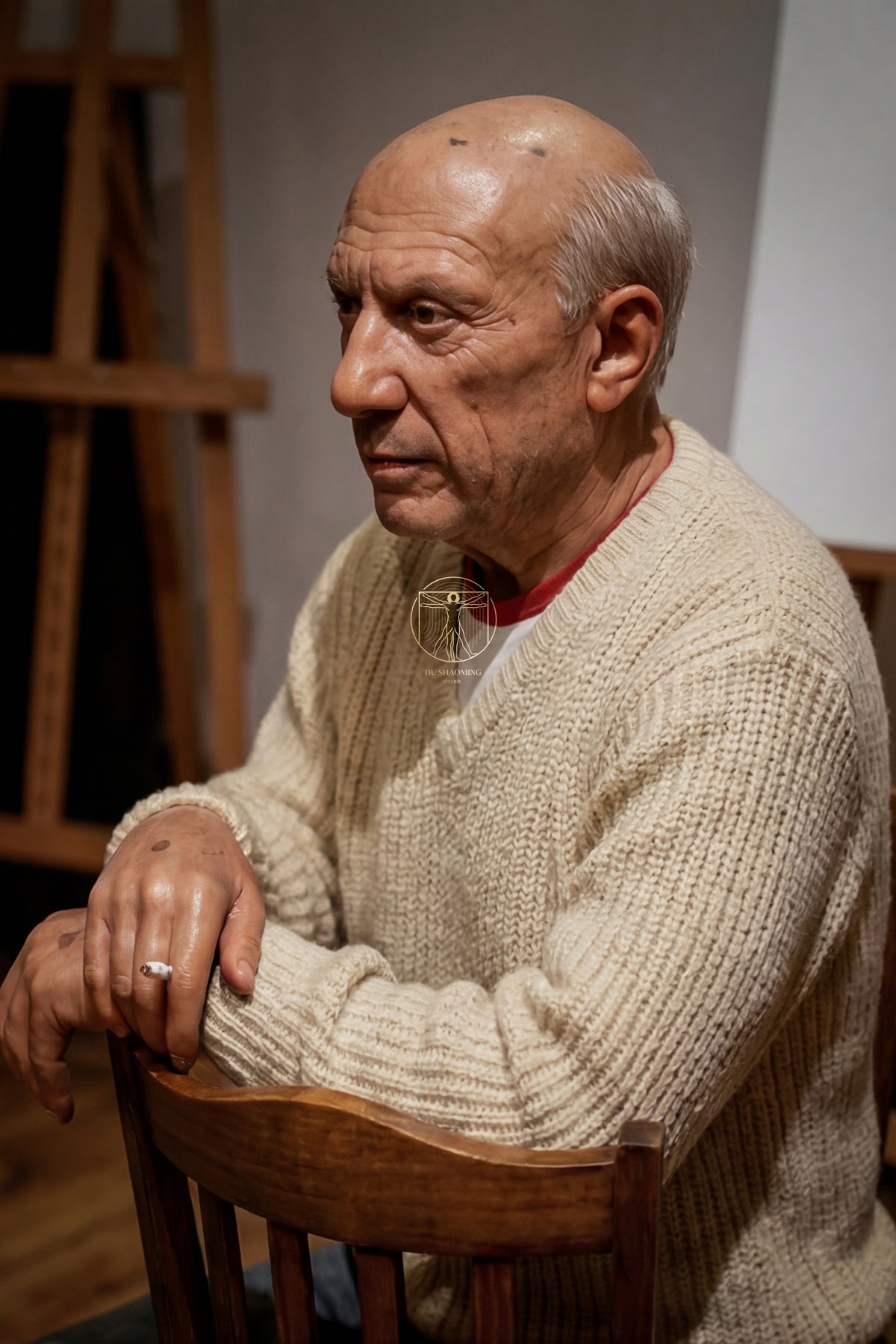 Close-up view of the exquisite manual hair and skin texture on Pablo Picasso hyperrealistic figure