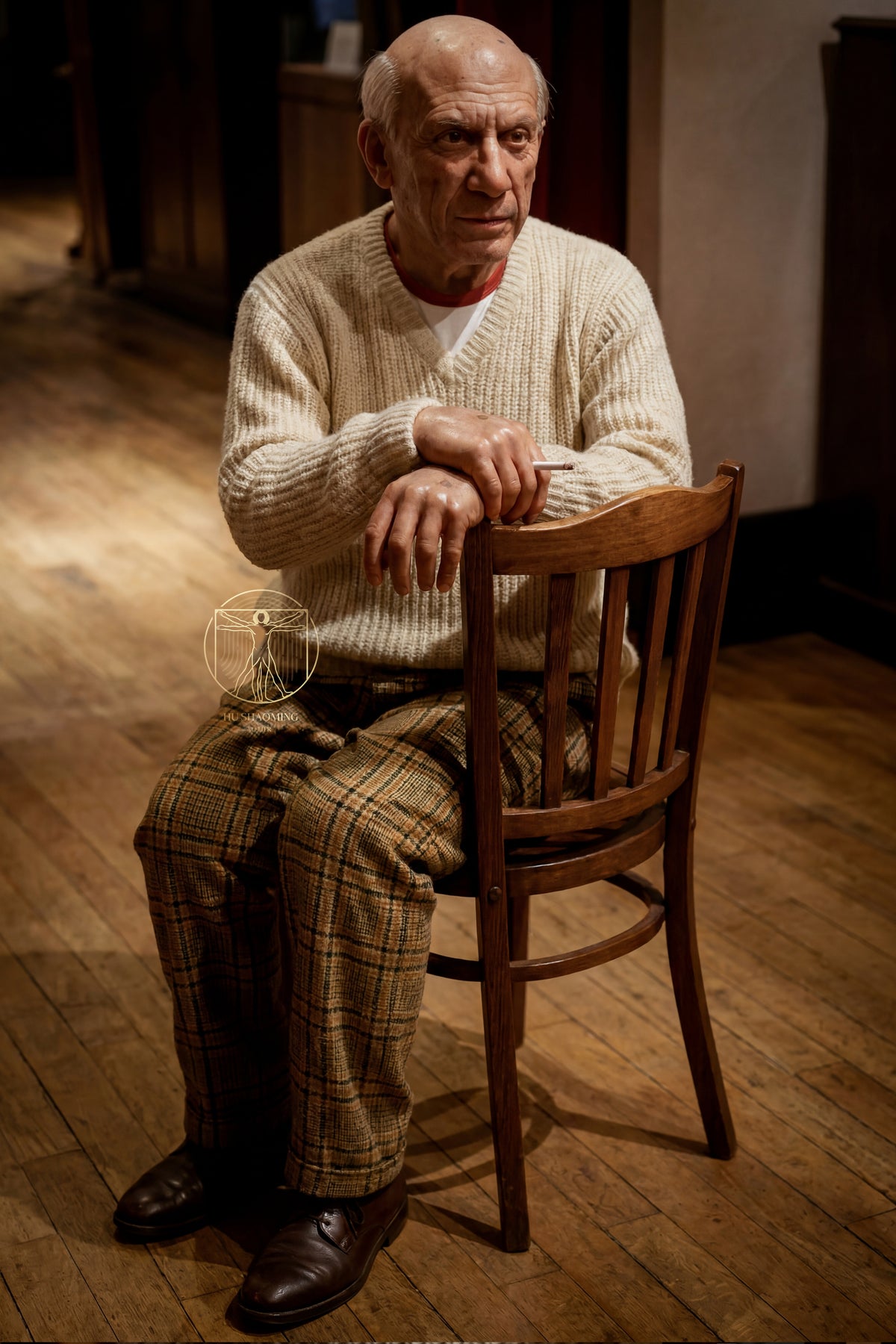 Full body life-size Pablo Picasso silicone sculpture sitting on a wooden chair with a cigarette