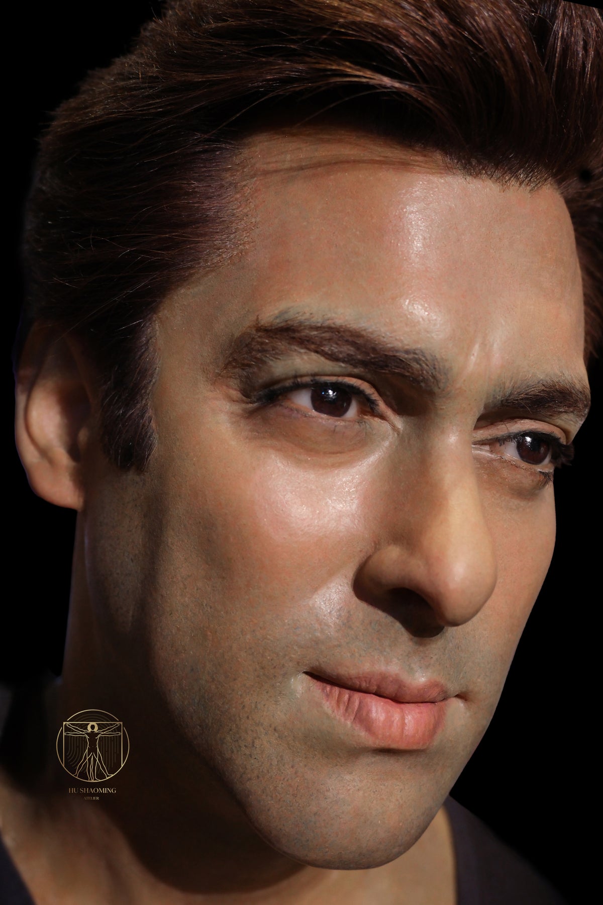 Extreme macro view of realistic skin pores and hand-painted details on Salman Khan figure