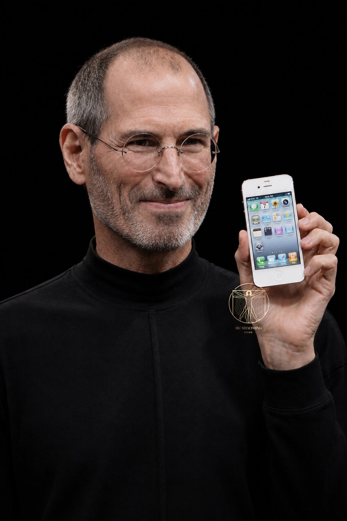 Realistic head sculpt of Steve Jobs featuring signature round glasses and hand-planted hair
