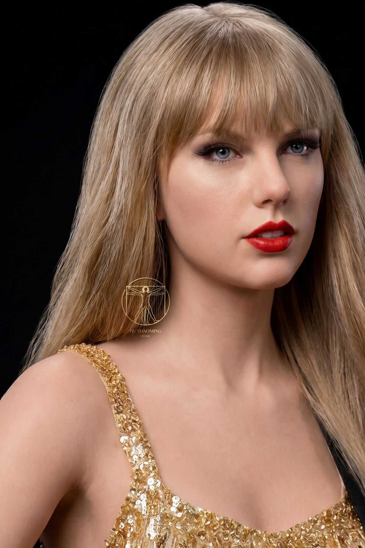 3/4 view of Taylor Swift custom wax-style silicone figure with signature red lips and blonde bangs