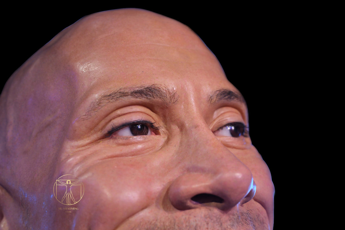 Macro view of hyperrealistic eye details and skin pores on Dwayne Johnson figure